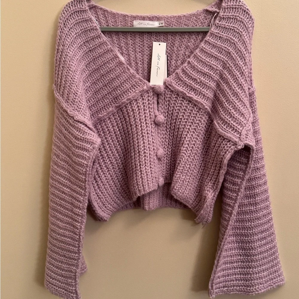 All in Favor Shaker Stitch Crop Knit V-Neck Cardigan Lavender